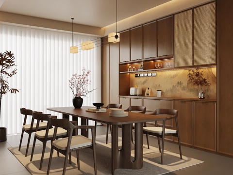 新中式餐厅 餐边柜 餐桌椅 吊灯su模型