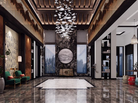  新中式酒店大厅 端景柜 挂画 沙发 圆凳3d模型 