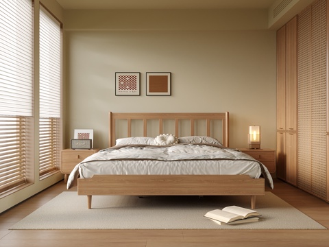日式卧室 双人床su模型