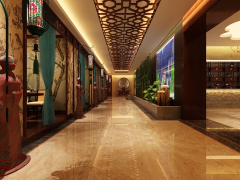  新中式奢华酒店 主题酒店 酒店中庭 酒店玄关 酒店过道3d模型 