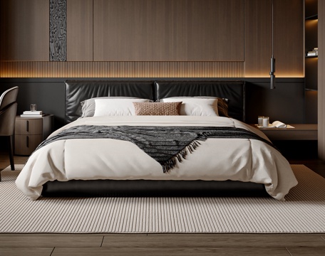  现代双人床 皮质双人床 主卧床 床头柜 床头吊灯3d模型 