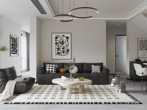  现代奶油风客餐厅3d模型 