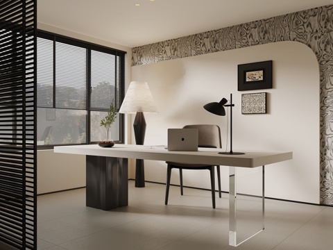 现代意式书房 极简书桌椅su模型