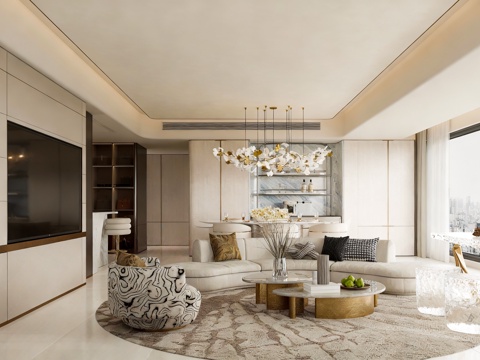  现代轻奢大平层客餐厅 现代客餐厅 轻奢3d模型 