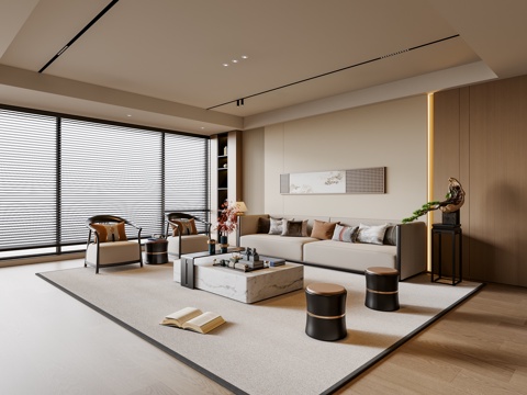 新中式宋式风客厅 沙发茶几 多人沙发 休闲椅 装饰画 地毯su模型