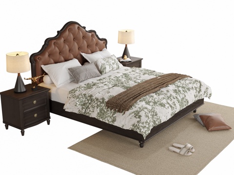  美式双人床 床头柜 地毯3d模型 