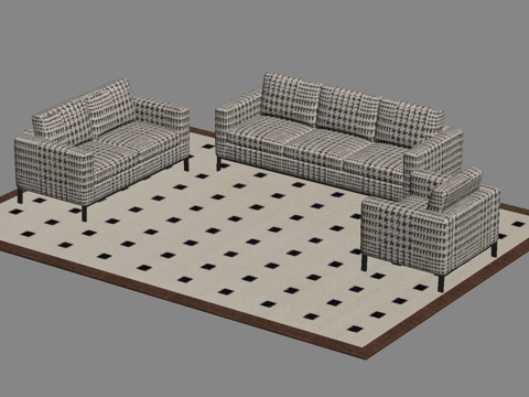 现代中古风多人沙发 沙发组合su模型