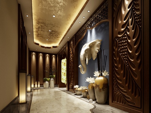  新中式酒店 酒店中庭 酒店玄关 酒店过道花瓶 大象3d模型 