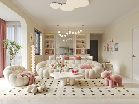  法式奶油风客餐厅3d模型 