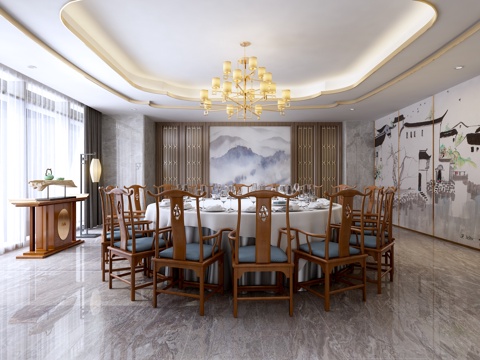 中式餐厅吊顶背景墙端景台3d模型