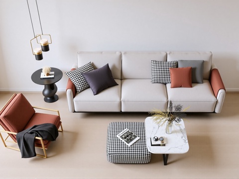 现代客厅 沙发茶几组合 装饰画 摆件su模型