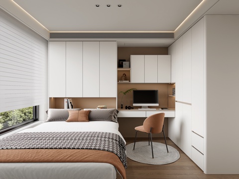 现代榻榻米卧室 儿童房榻榻米  书桌榻榻米衣柜一体su模型