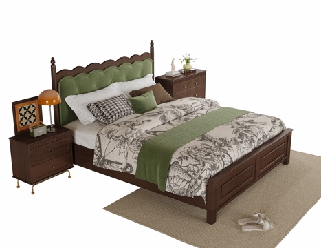 美式双人床 床头柜su模型