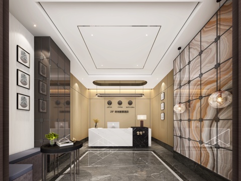  现代快捷酒店大厅 大厅 吧台 酒店大厅 现代轻奢酒店大厅3d模型 