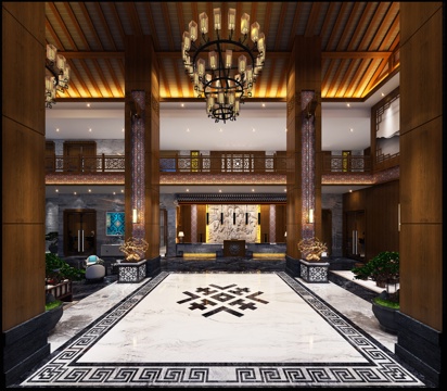  新中式少数民族主题酒店大厅新中式吊灯3d模型 