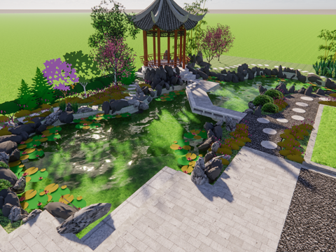 中式鱼池  中式水景景观亭su模型