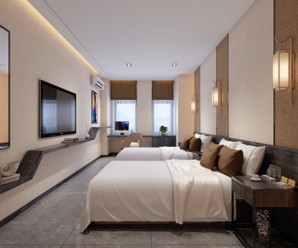  新中式酒店双人间 宾馆双人间3d模型 