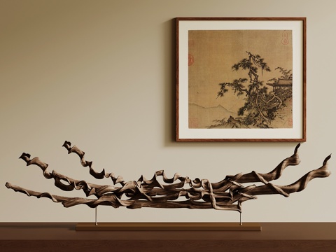 新中式摆件 雕塑 木头 艺术装置 挂画su模型