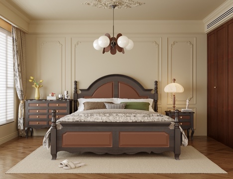 美式卧室 双人床 床头柜su模型