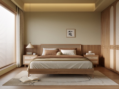 现代卧室 床头柜 双人床su模型