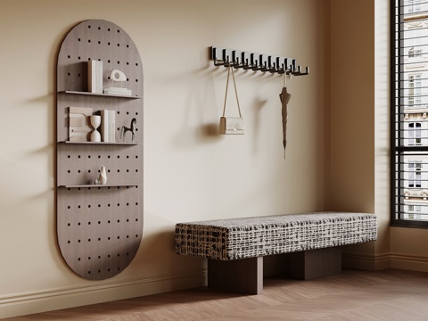 现代中古风换鞋凳 挂钩 洞洞板su模型