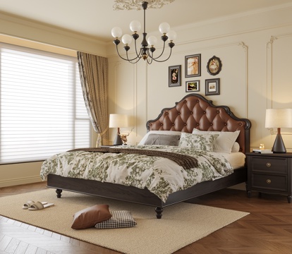 美式卧室 双人床 床头柜su模型