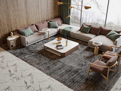 现代客厅 沙发茶几组合 装饰画 摆件su模型