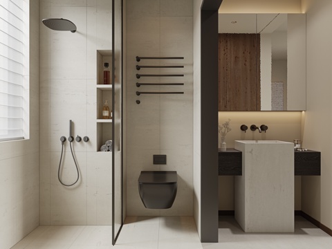 侘寂风卫生间 淋浴花洒 洗手盆 洞石台盆 浴室镜柜 壁挂马桶su模型