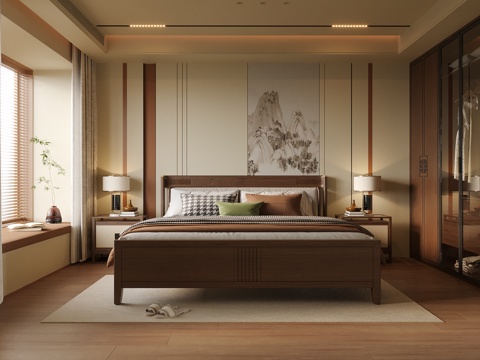 新中式卧室 双人床su模型