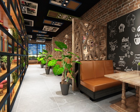  工业风咖啡店甜品店餐饮店 烘焙书吧书架隔断卡座散座区绿植物3d模型 