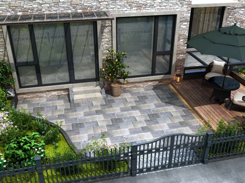  别墅庭院花园 护栏 栏杆 太阳伞 户外藤编椅子 庭院围栏3d模型 