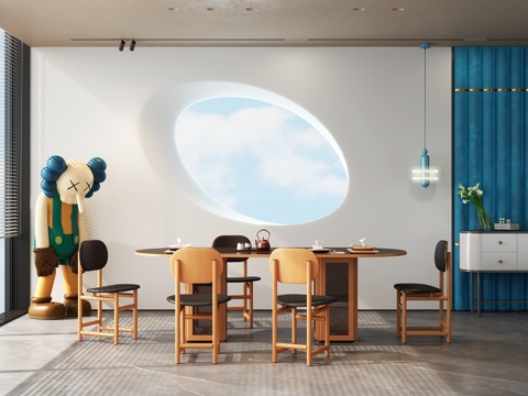  现代餐厅，轻奢实木餐桌餐椅，侘寂风kaws公仔摆件，吊灯斗柜3d模型 