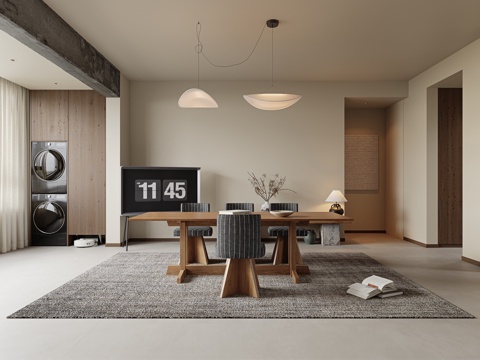  侘寂风餐厅 开放式餐厅 别墅餐厅 实木餐桌椅 可移动电视3d模型 