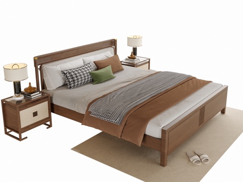 现代双人床 床头柜su模型