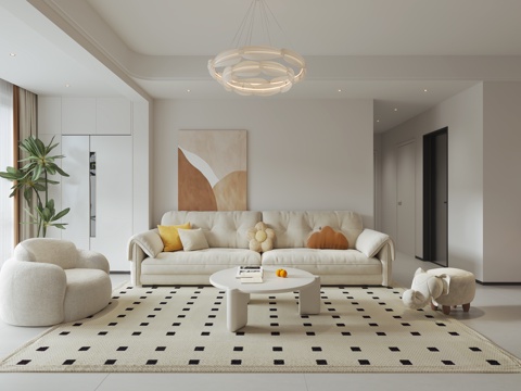  奶油风客餐厅3d模型 