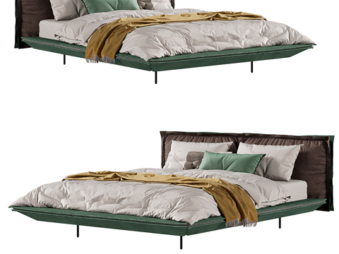  现代简约双人床 双人床 简约床 卧室床 抱枕 床垫3d模型 