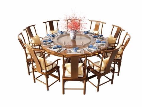  中式包间圆餐桌椅组合3d模型 