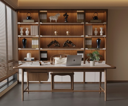 新中式书房 书桌椅 书柜su模型