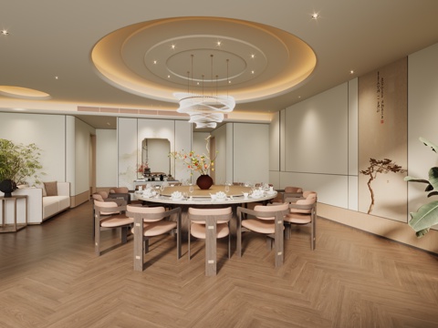  新中式宋式美学奶油风食堂包间餐饮包间小包厢3d模型 