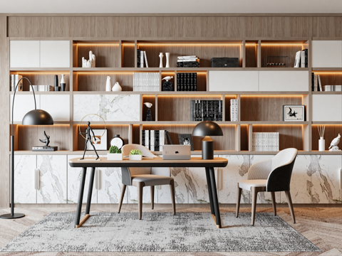 现代书桌 工作桌 书柜 摆件 书房su模型