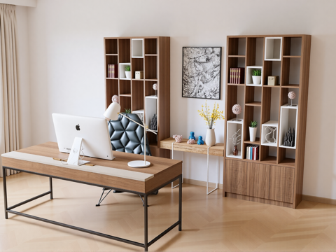 现代书桌 工作桌 书柜 摆件 书房su模型