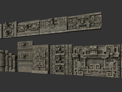  玛雅建筑墙 玛雅神庙 墙壁遗迹 古庙石刻 三星堆图案建筑墙壁3d模型 