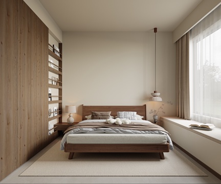 侘寂风卧室 实木双人床 长辈房 老人床 床头边几 床头吊灯su模型