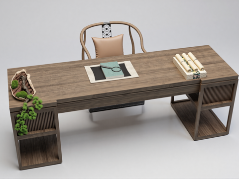 新中式书桌椅su模型