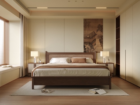 现代卧室 双人床 床头柜3d模型