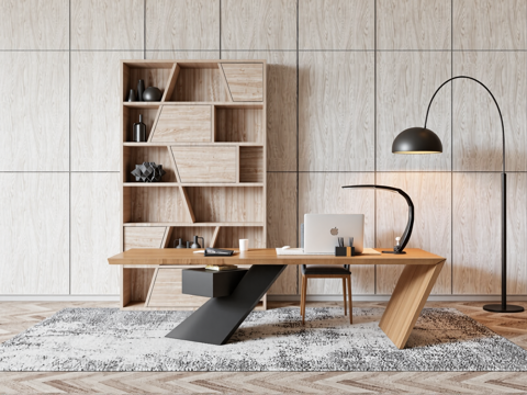 现代书桌 工作桌 书柜 摆件 书房su模型