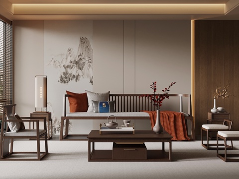 新中式客厅 多人沙发 单人椅 茶几su模型