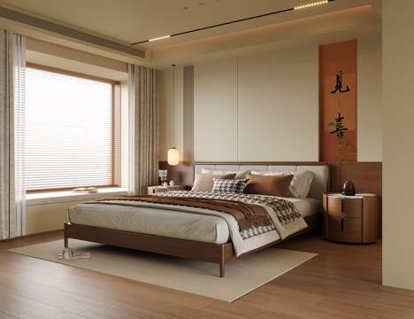 现代卧室 双人床 床头柜su模型