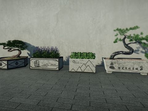 中式现代景观花箱新中式诗酒文化花草花箱石质外摆植物花箱su模型