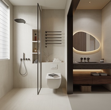 侘寂风卫生间 淋浴花洒 洗手盆 洞石台盆 浴室镜柜 壁挂马桶su模型